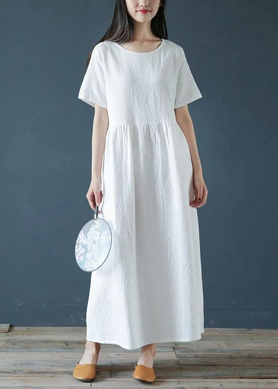 Style White Linen Cotton Dresses O Neck Jacquard Dresses Dresses