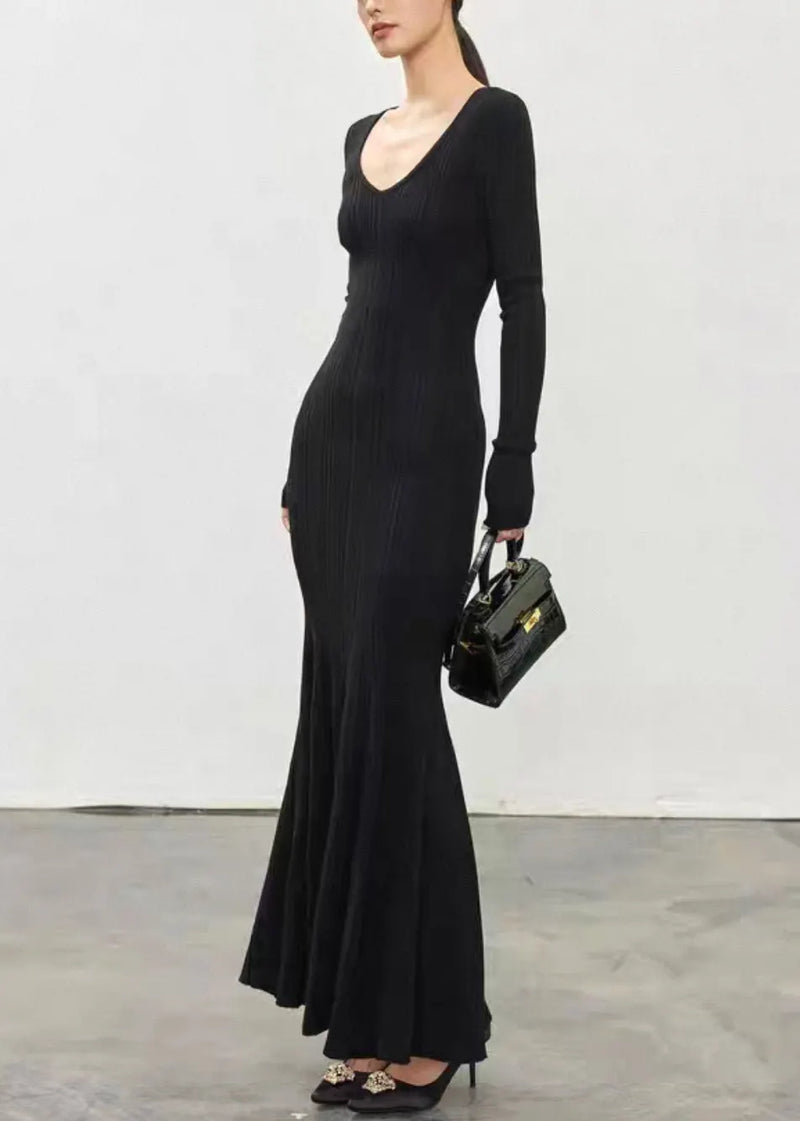 Black High Waist Knit Fall Fishtail Dresses V Neck