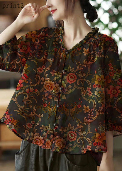 Pink-print2 V Neck Ruffled Print Linen Blouse Top Half Sleeve