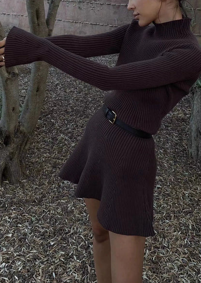 Coffee Turtleneck Cozy Knit Mid Dress Flare Sleeve