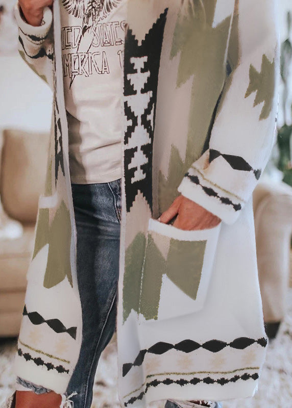 Loose Red V Neck Print Woolen Loose Cardigans Spring