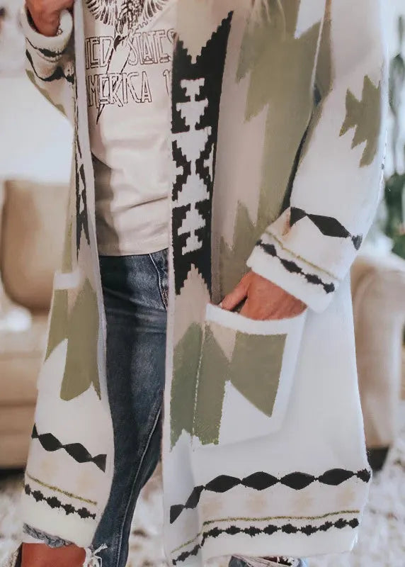 Loose Red V Neck Print Woolen Loose Cardigans Spring