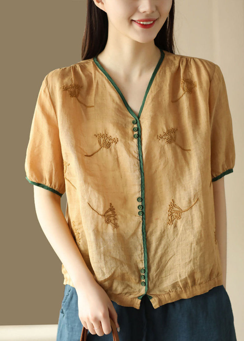 Yellow V Neck Embroidered Patchwork Linen Top Summer