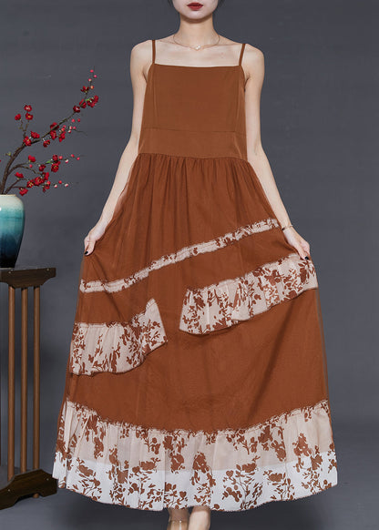 Coffee Patchwork Chiffon Spaghetti Strap Dress Summer