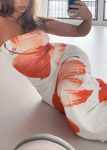 Holiday Style Print Slim Fit Cotton Strapless Long Dresses