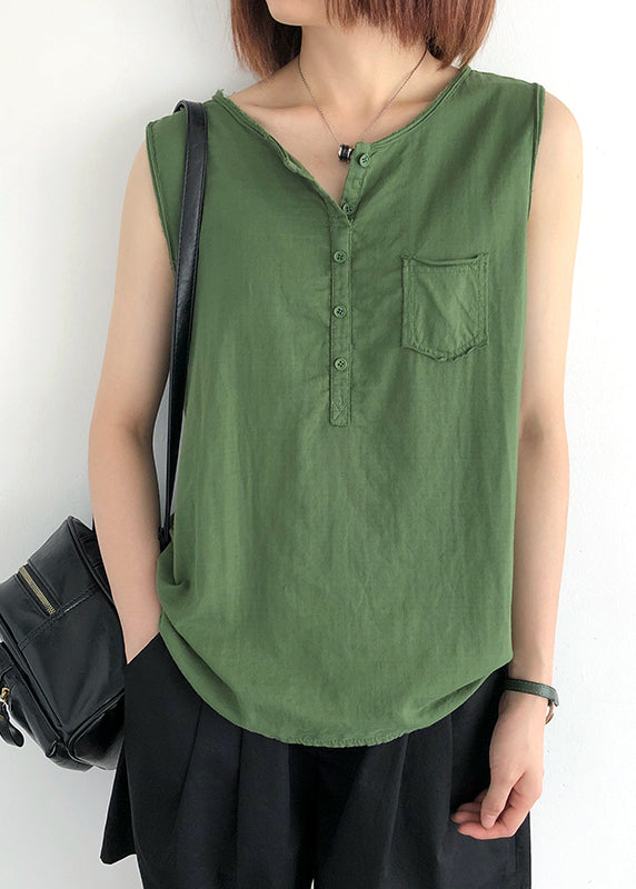 Modern Green O-neck Linen Tops Sleeveless