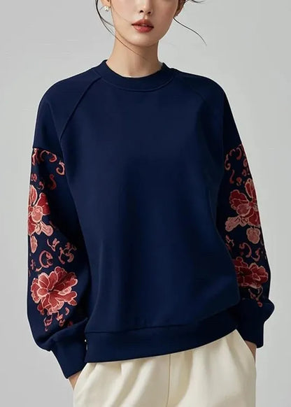 Loose Navy O Neck Print Cotton Pullover Sweatshirt Fall