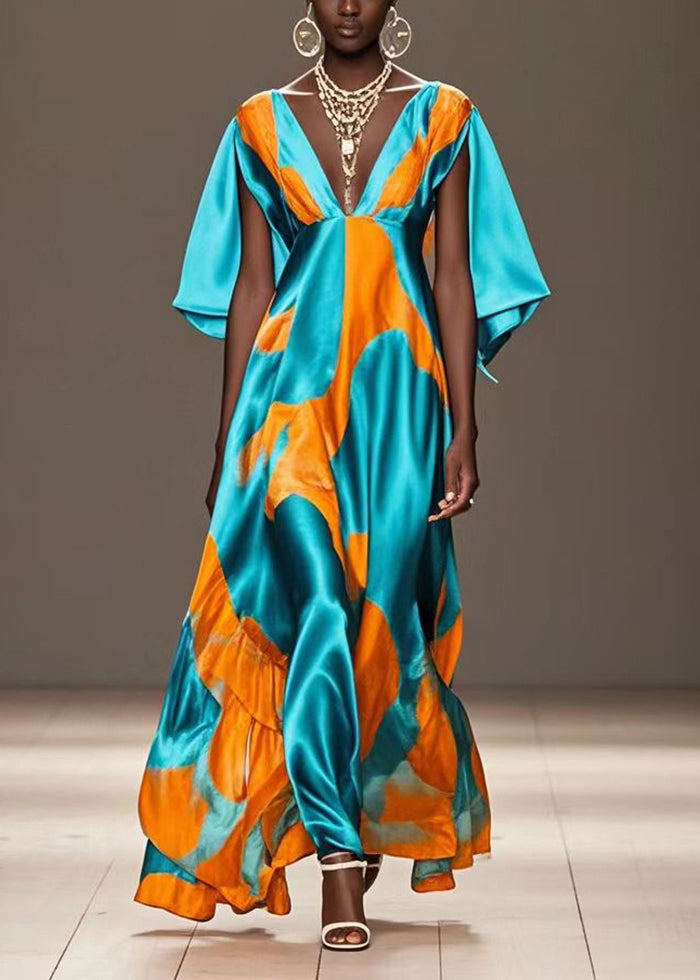 Green V Neck Print Silk Holiday Dress Cloak Sleeves