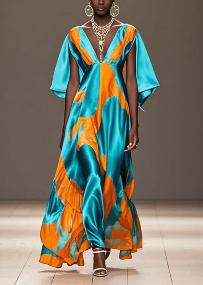 Green V Neck Print Silk Holiday Dress Cloak Sleeves