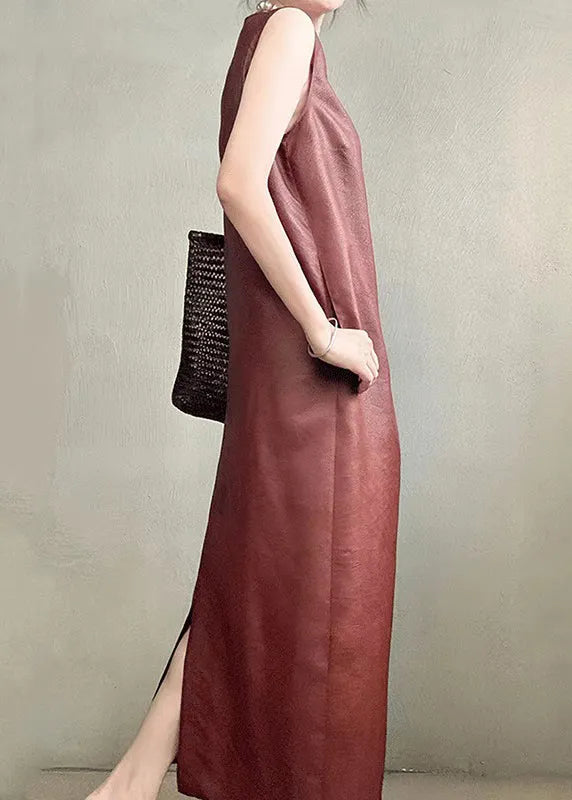 Red Pockets Back Side Open Silk Long Dress Sleeveless