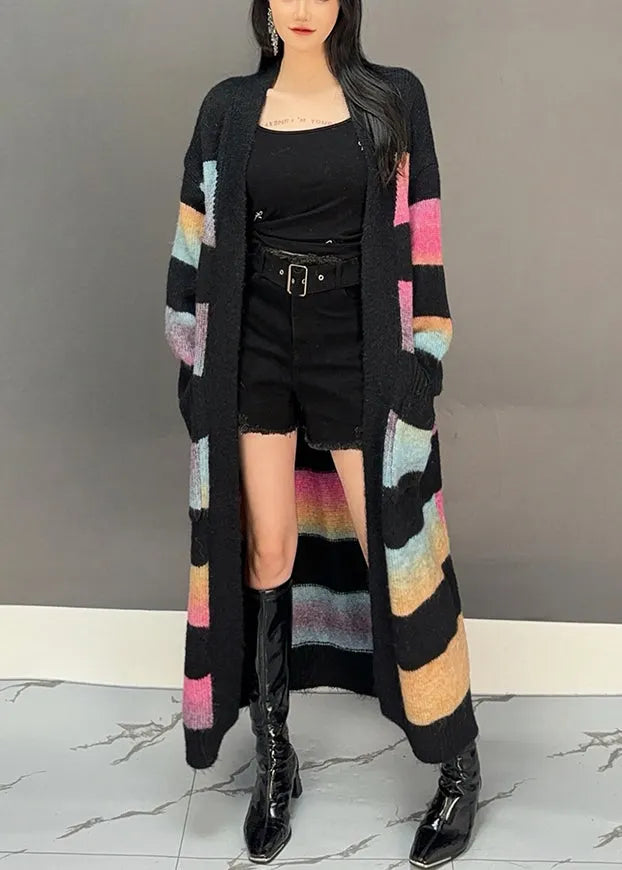 Yellow Striped Pockets Knit Long Cardigan Winter