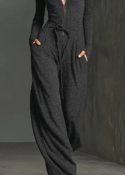 Modern Blue Zip Up Lace Up Patchwork Cotton Jumpsuit Fall