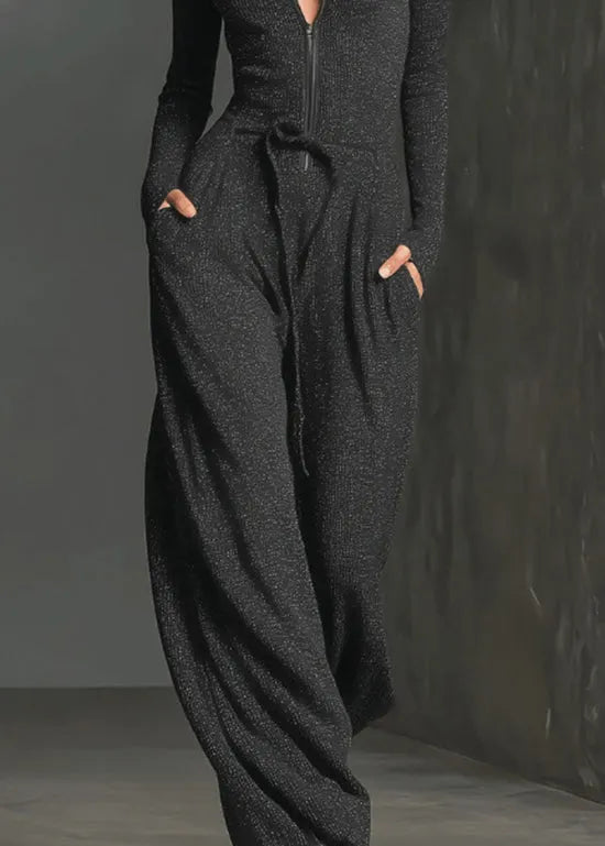 Modern Blue Zip Up Lace Up Patchwork Cotton Jumpsuit Fall