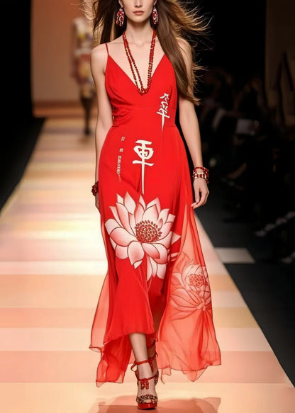 Red Lotus Print Chiffon Cami Dresses Summer