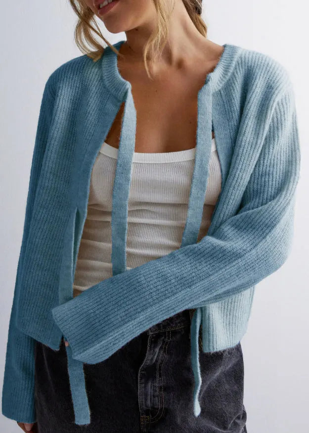 Apricot O Neck Lace Up Knit Loose Coat Fall
