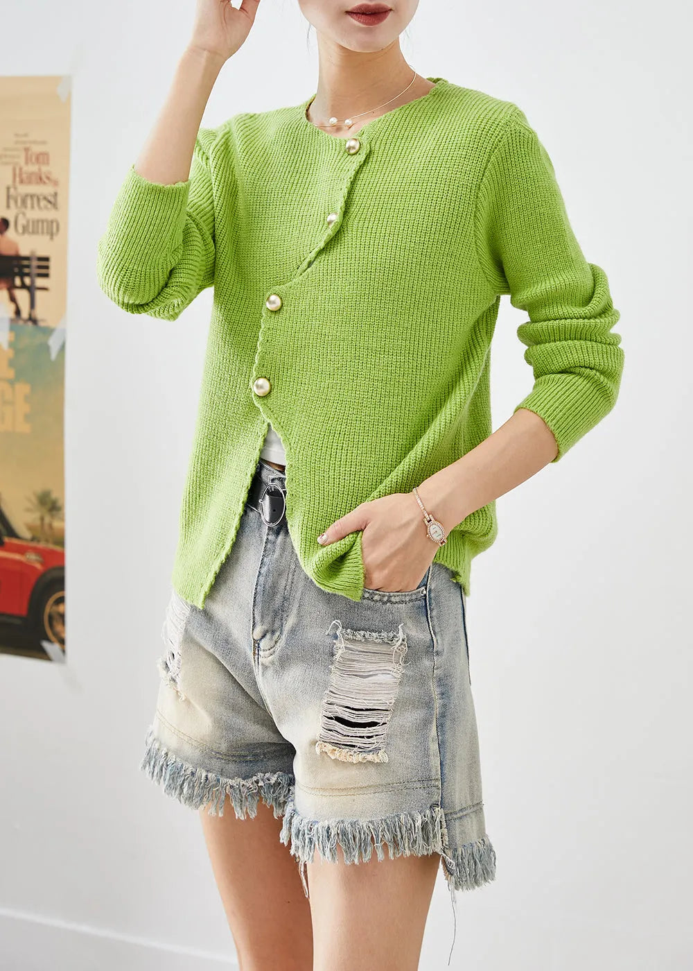Grass Green Asymmetrical Side Open Knit Short Sweater Winter
