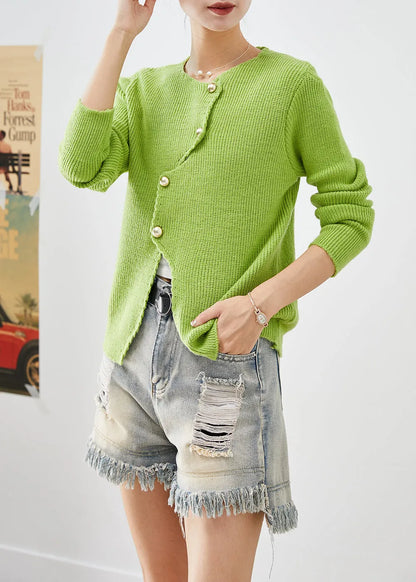 Grass Green Asymmetrical Side Open Knit Short Sweater Winter