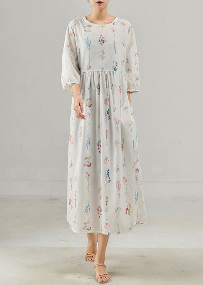 White Oversized Print Cotton Long Dresses Bracelet Sleeve