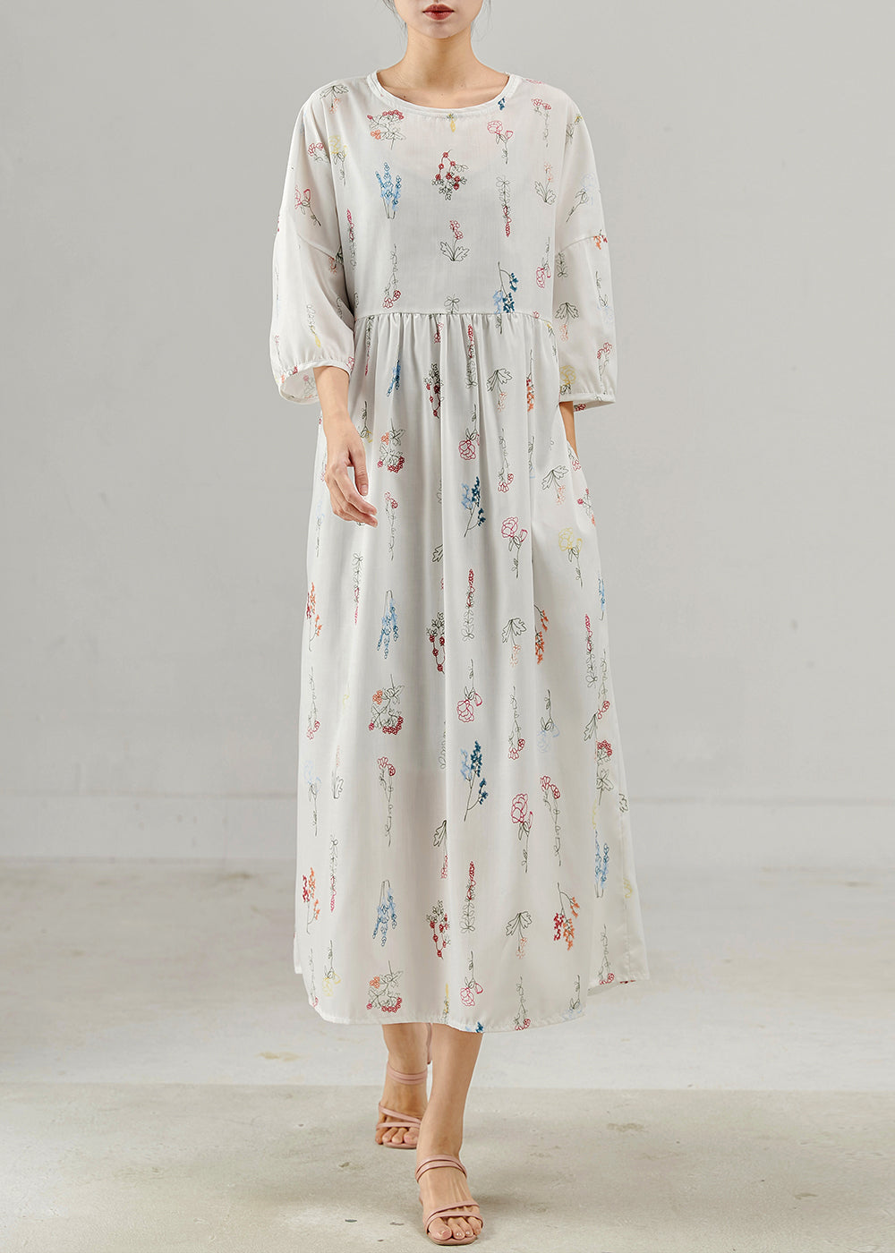 White Oversized Print Cotton Long Dresses Bracelet Sleeve