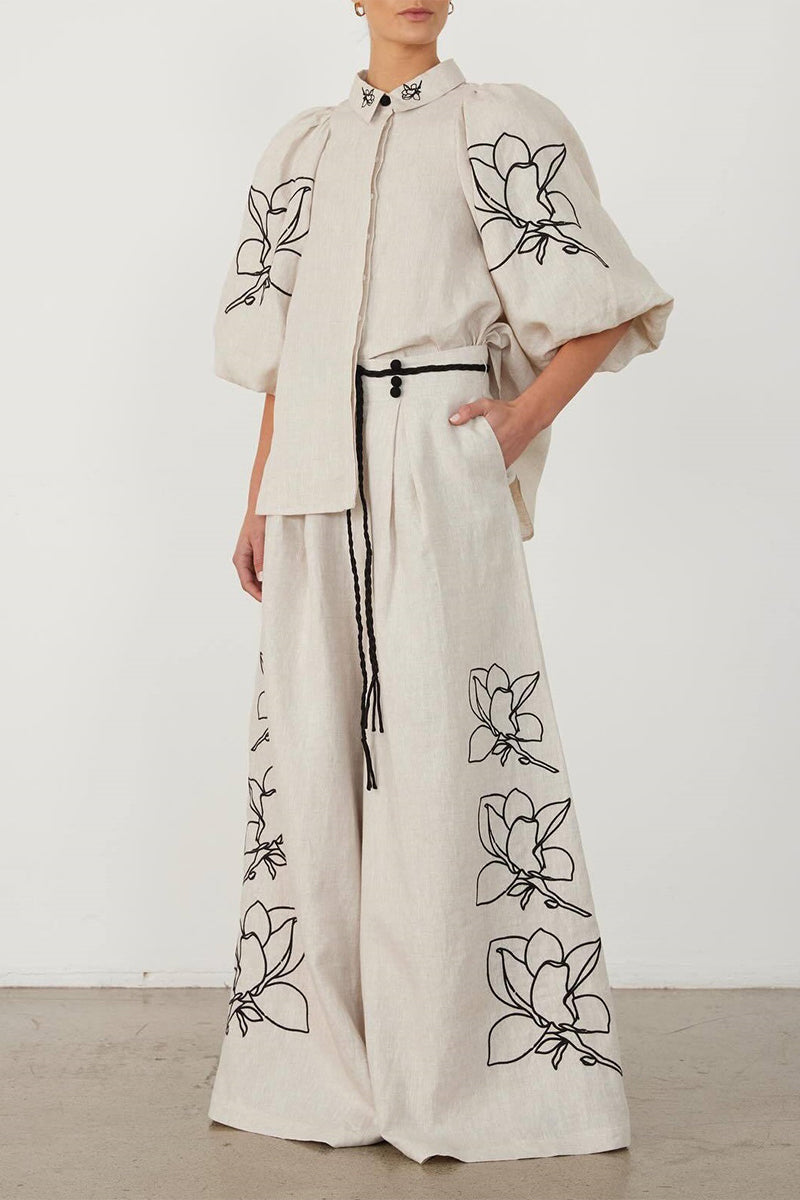 Print Flowers Pocket Frenulum Turndown Collar Half Sleeve Two Pieces