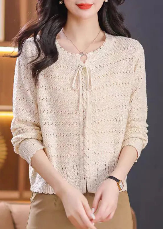 Red O Neck Hollow Out Lace Up Knit Shirt Top Fall