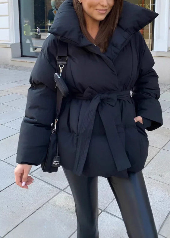 French Black Pockets Lace Up Fine Cotton Filled Jacket Winter