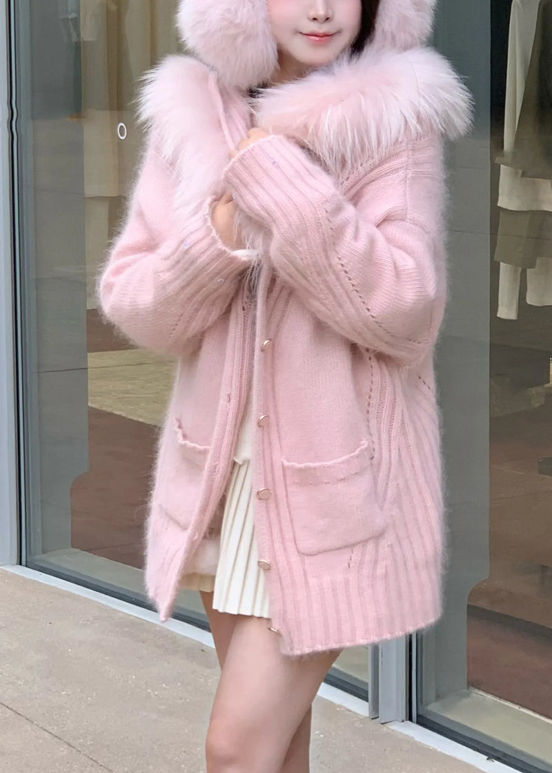 Pink Raccoon Hair Collar Button Cotton Knit Cardigan Spring