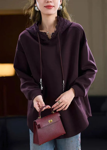 Purple Pockets Cotton Fall Sweatshirts Hooded