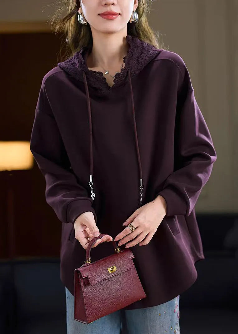 Purple Pockets Cotton Fall Sweatshirts Hooded