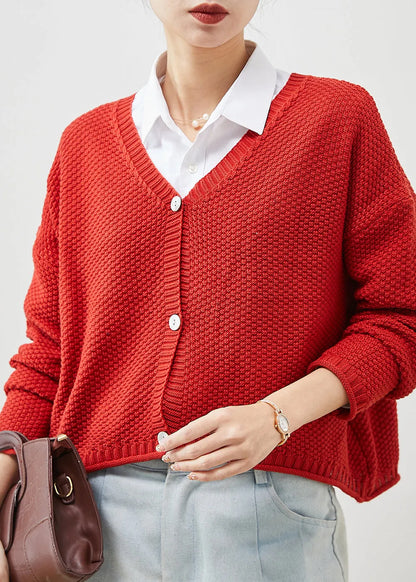 Red Button Down Knit Loose Cardigan Spring