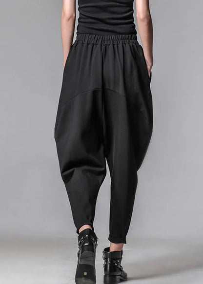 Unique Black Pockets Elastic Waist Cotton Harem Pants Spring