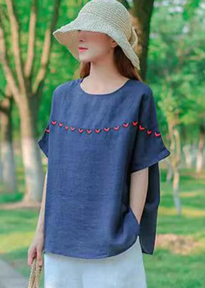 Navy O-neck Embroidered Cotton Tank Tops Short Sleeve