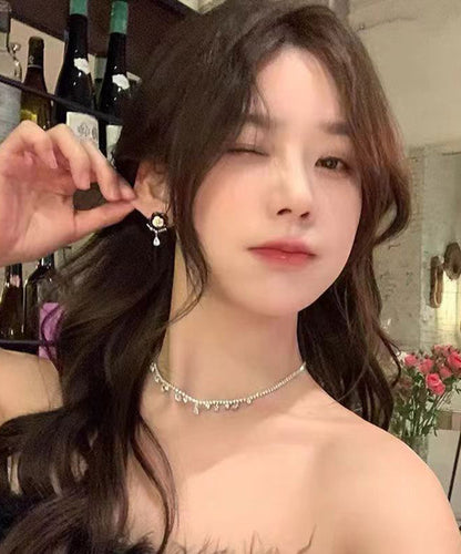 Black Alloy Pearl Crystal Tassel Drop Earrings