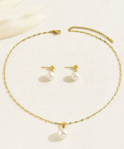 Stylish Gold Copper Overgild Jade Pendant Necklace and Drop Earrings Two-piece Set