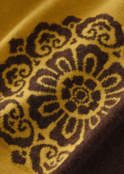 Loose Yellow Color Block Jacquard Knit Top Winter