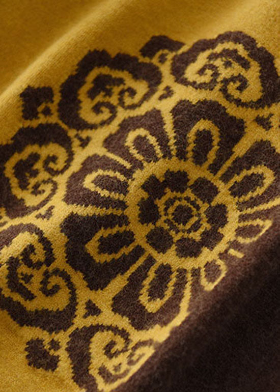 Loose Yellow Color Block Jacquard Knit Top Winter