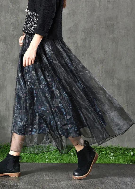 Navy Print Patchwork Fall Organza Skirt