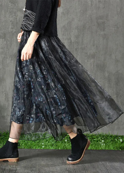 Navy Print Patchwork Fall Organza Skirt