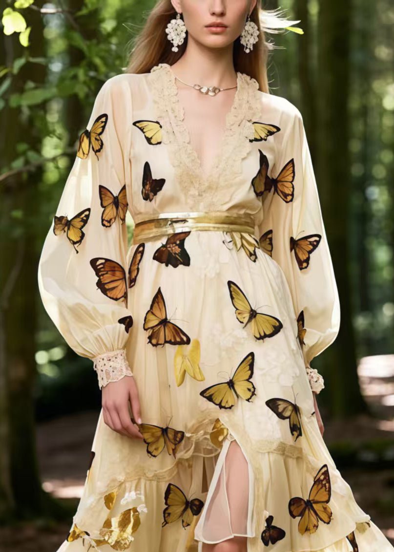 Apricot Butterfly Print Exra Large Hem Chiffon Party Dress Spring