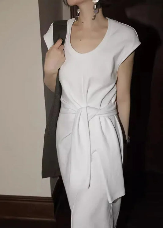 White U Neck Tie Waist Cotton Dress Summer