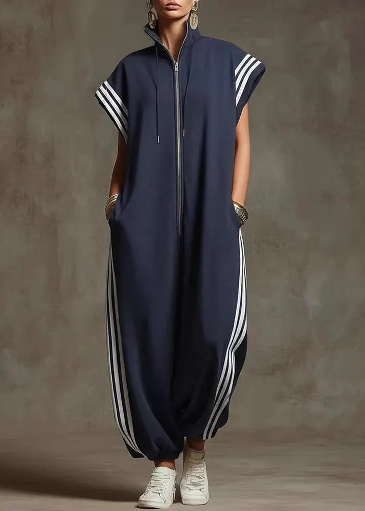 Yellow Stand Collar Zip Up Striped Cotton Jumpsuit Summer