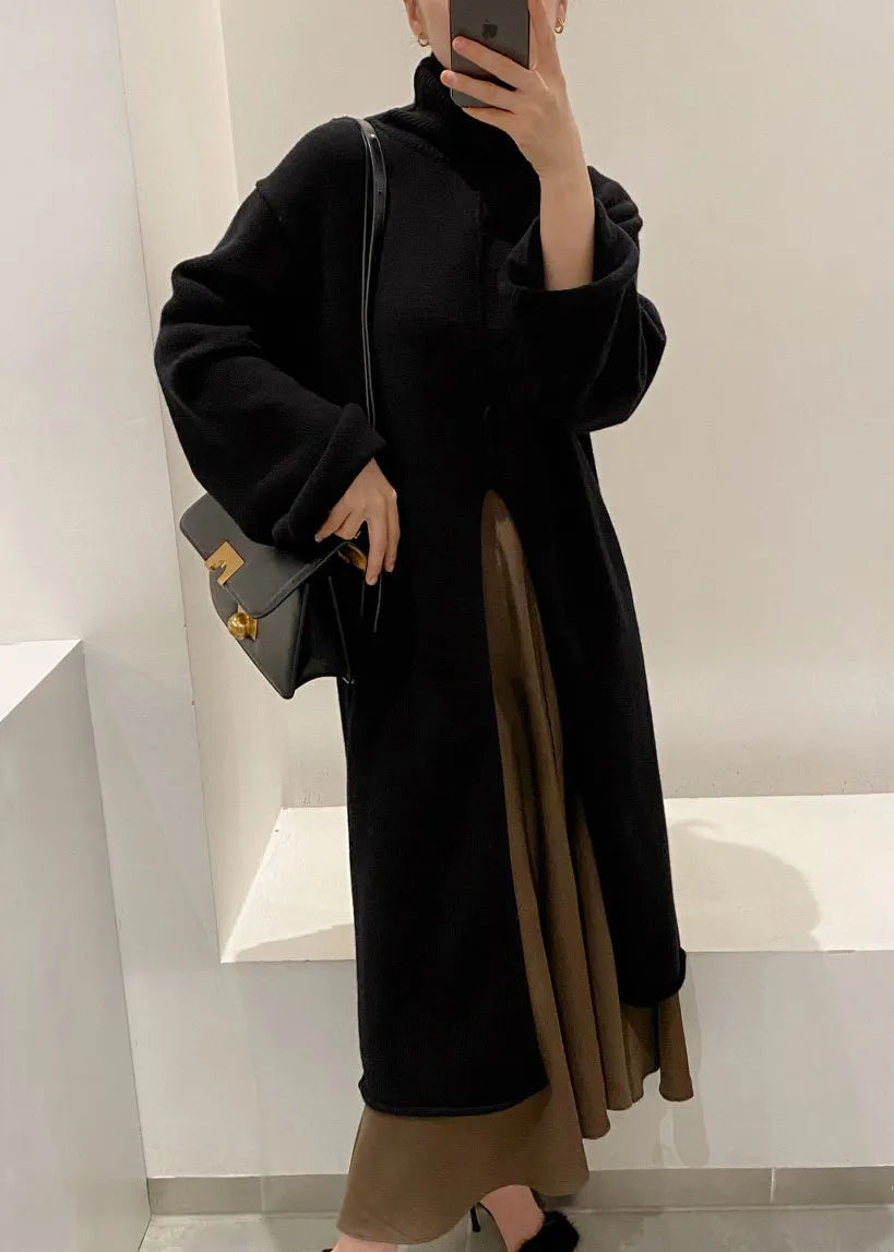Black Front Open Knit Winter Sweater Dress Turtleneck
