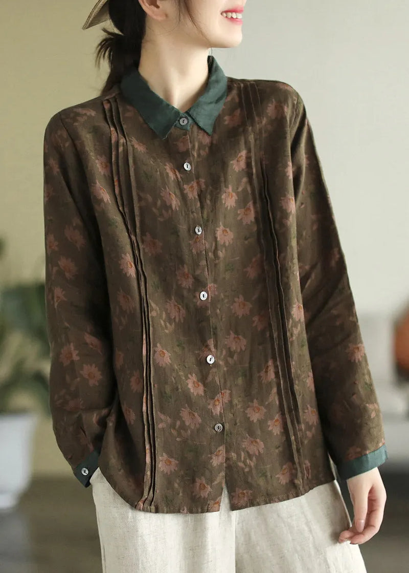 Peter Pan Collar Print Button Linen Shirt Long Sleeve
