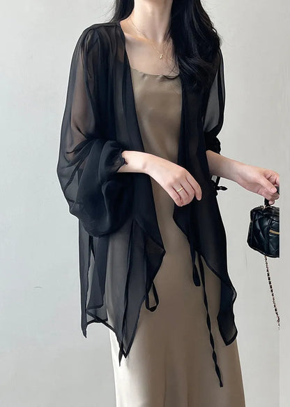 Black Lace Up Thin Chiffon Cardigan Spring