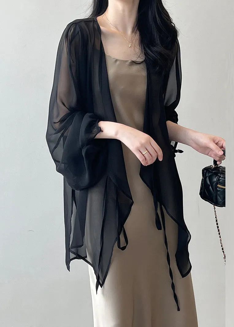 Black Lace Up Thin Chiffon Cardigan Spring