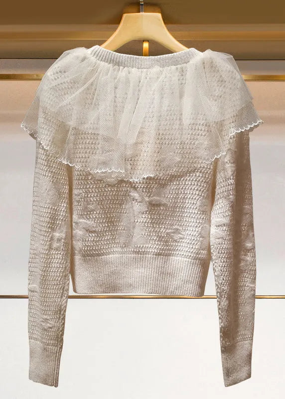 French Beige Tulle Ruffled Patchwork Knit Cardigans Spring