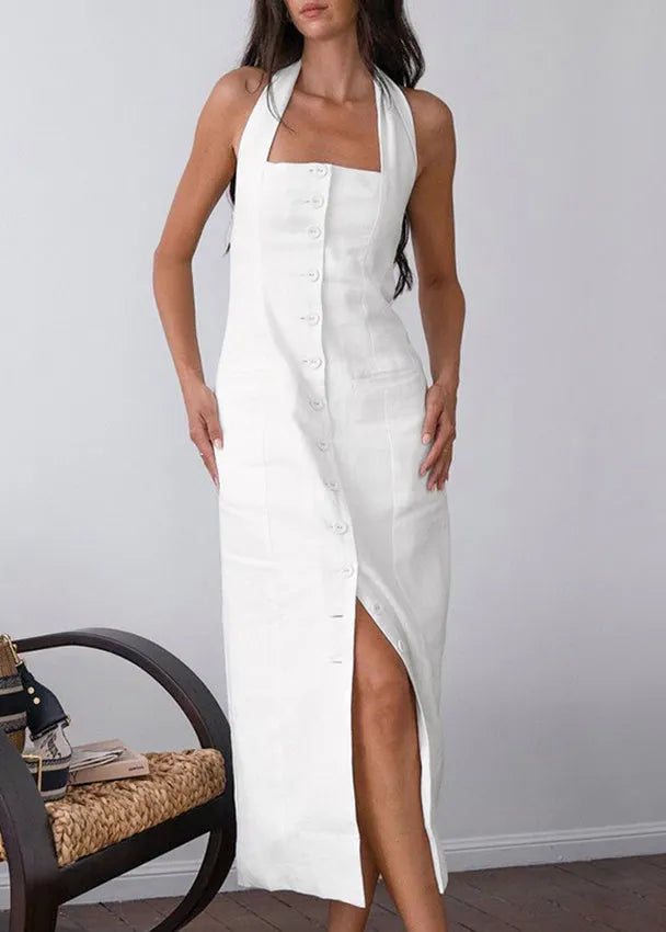 White Halter Pockets Button Backless Cotton Dresses Summer