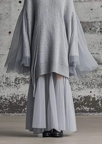 Grey Patchwork Tulle Knitted Dress Oversized Batwing Sleeve
