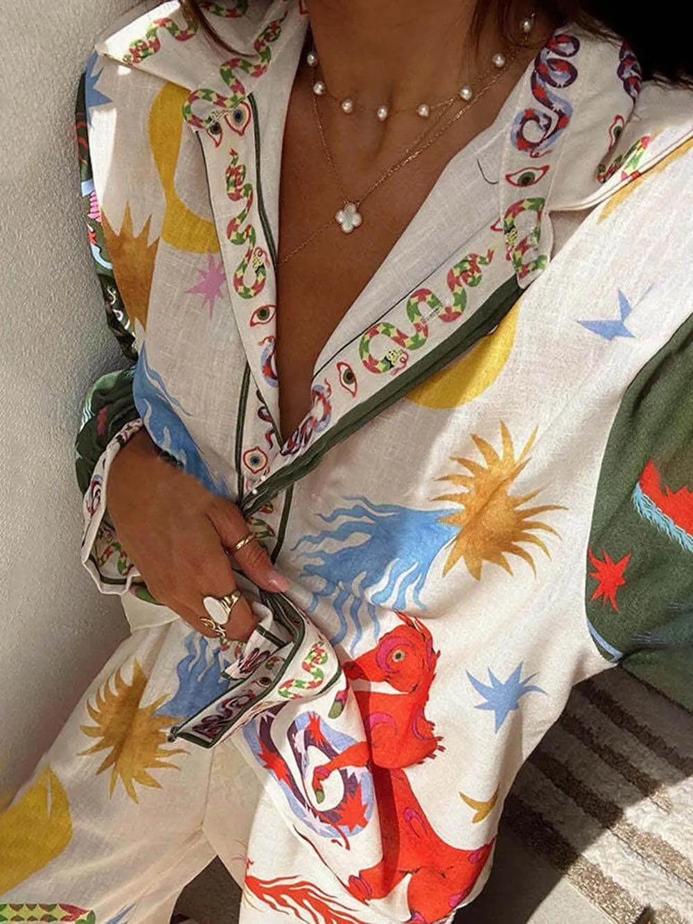 Unique Print Long Sleeve Shirt and Elastic Waist Pants Set