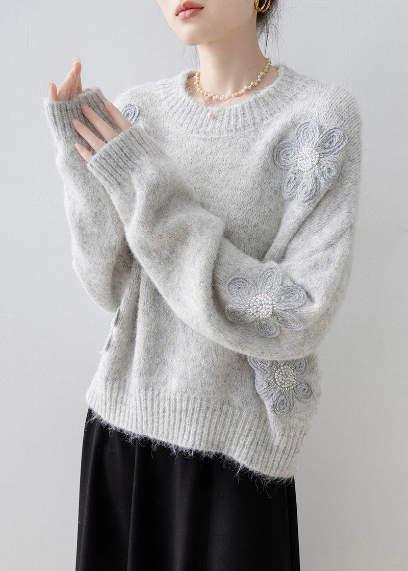 Boutique Grey O Neck Nail Bead Knit Sweater Tops Spring